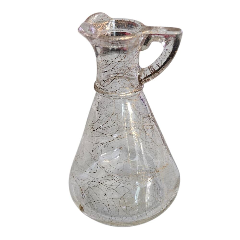 Vintage Hazel Atlas Clear Glass Pitcher Gold Spaghetti Splatter Atomic MCM